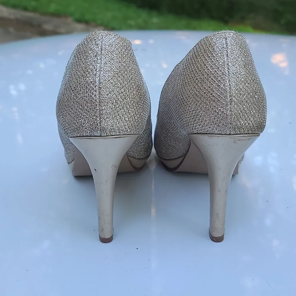 David's Bridal Gold Shimmering Open Toe Heels